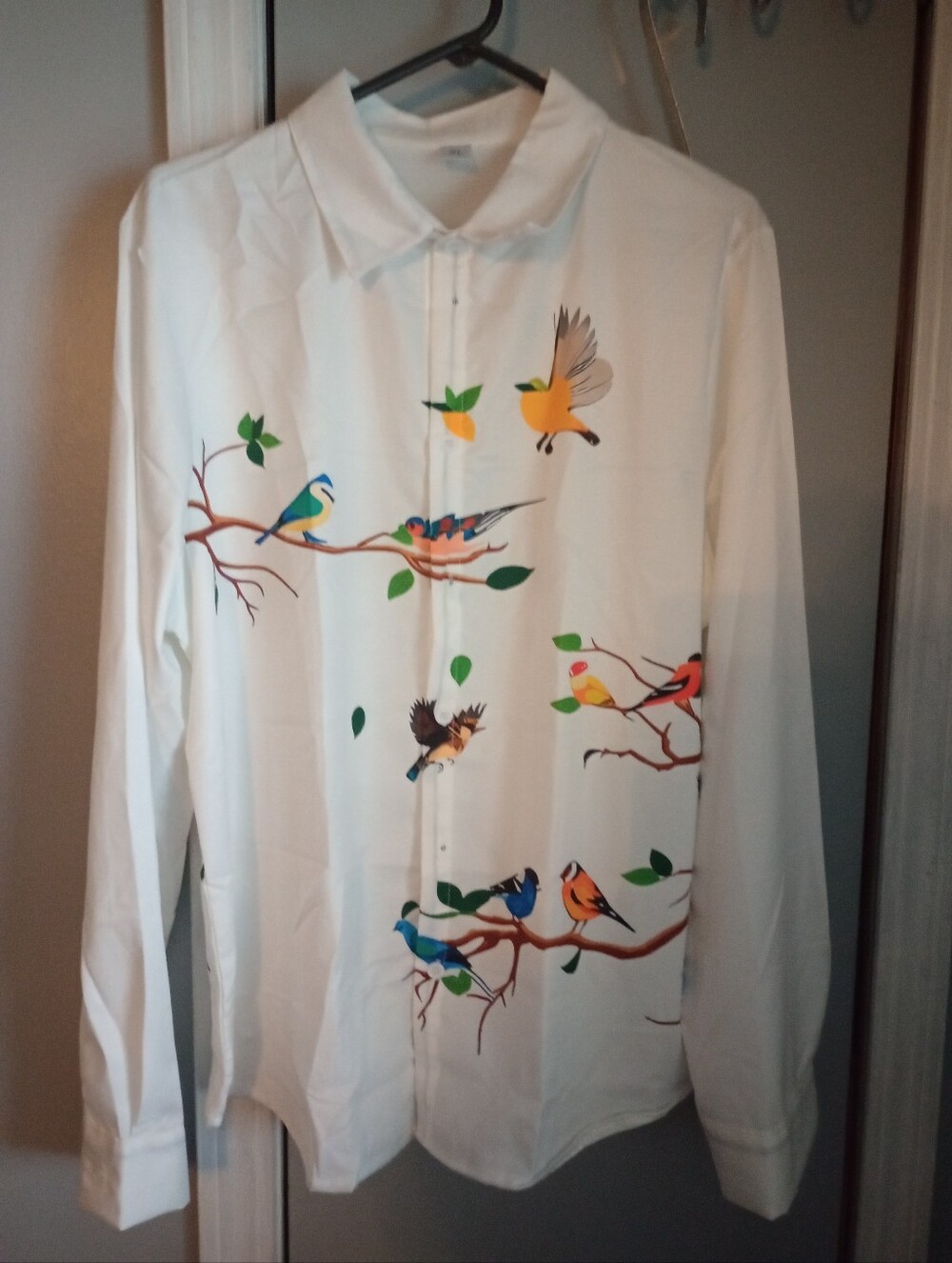 White Button-Up Shirt Silky Texture with Colorful Bird Print